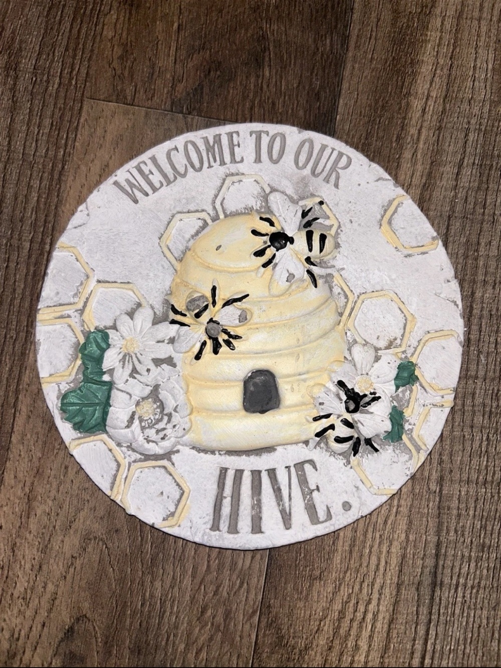 Welcome to Our Hive Bee Hive Wall Plaque Farmhouse Decor- Yellow, White, Green